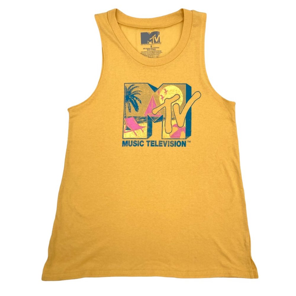 MTV Retro Logo Tropical Muscle Tee -- Palm Tree Beach Theme